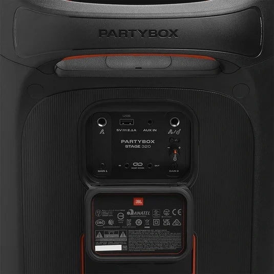 JBL PartyBox Stage 320 Portable party speaker with powerful JBL Pro Sound, an adaptive lightshow, splashproof, replaceable battery, telescopic handle and wheels