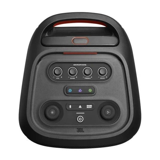 JBL PartyBox Stage 320 Portable party speaker with powerful JBL Pro Sound, an adaptive lightshow, splashproof, replaceable battery, telescopic handle and wheels
