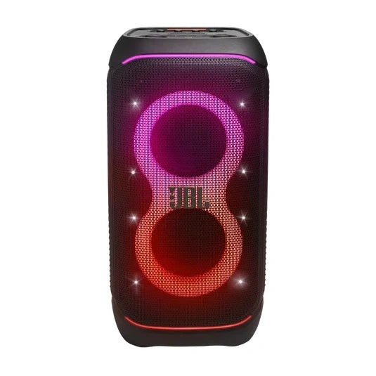 JBL PartyBox Stage 320 Portable party speaker with powerful JBL Pro Sound, an adaptive lightshow, splashproof, replaceable battery, telescopic handle and wheels