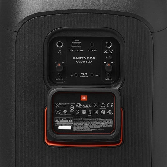 JBL PartyBox Club 120 Portable party speaker with powerful JBL Pro Sound, a thrilling lightshow, splashproof, foldable handle and replaceable battery