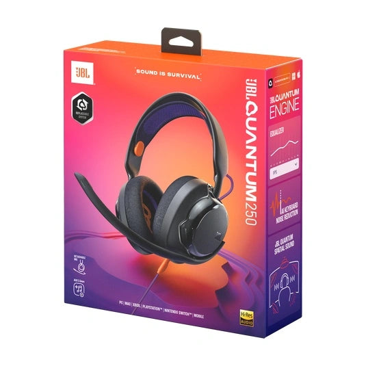 JBL Quantum 250 Wired multiplatform gaming headset customizable through the JBL QuantumENGINE