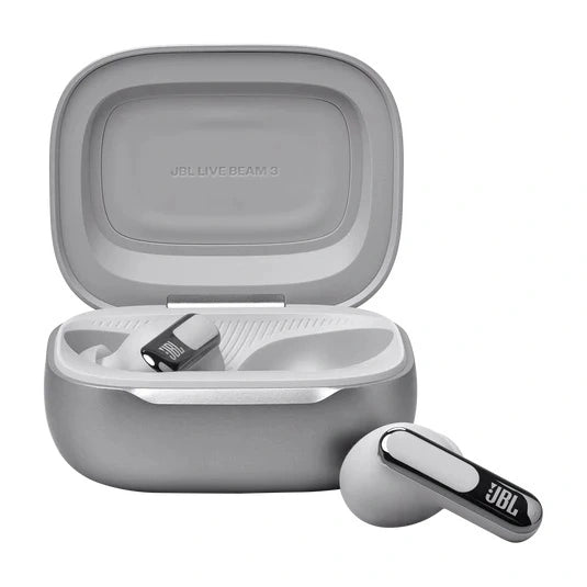 JBL Live Beam 3 True wireless noise-cancelling earbuds with stick-closed design and Smart Charging Case™