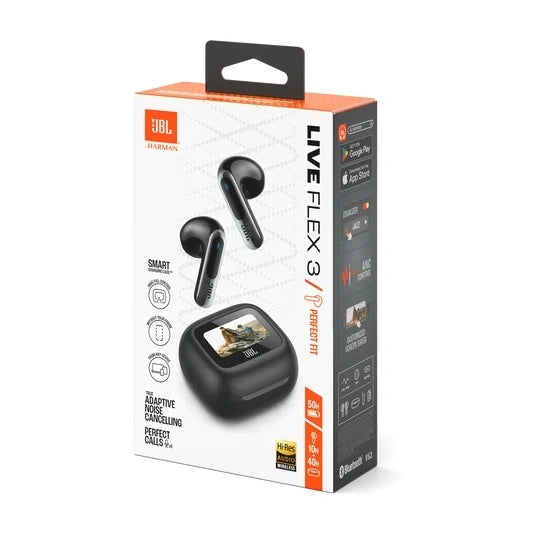 JBL Live Flex 3 True wireless noise-cancelling earbuds with open-stick design and Smart Charging Case™