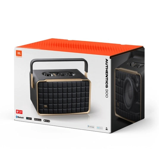 JBL Authentics 300 Portable smart home speaker with Wi-Fi, Bluetooth and voice assistants with retro design.