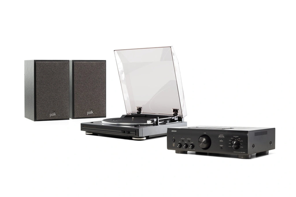 Polk Denon x Polk Essential Vinyl Bundle Denon DP-29F turntable, Denon PMA-600NE amplifier, Polk Monitor XT15 bookshelf speakers